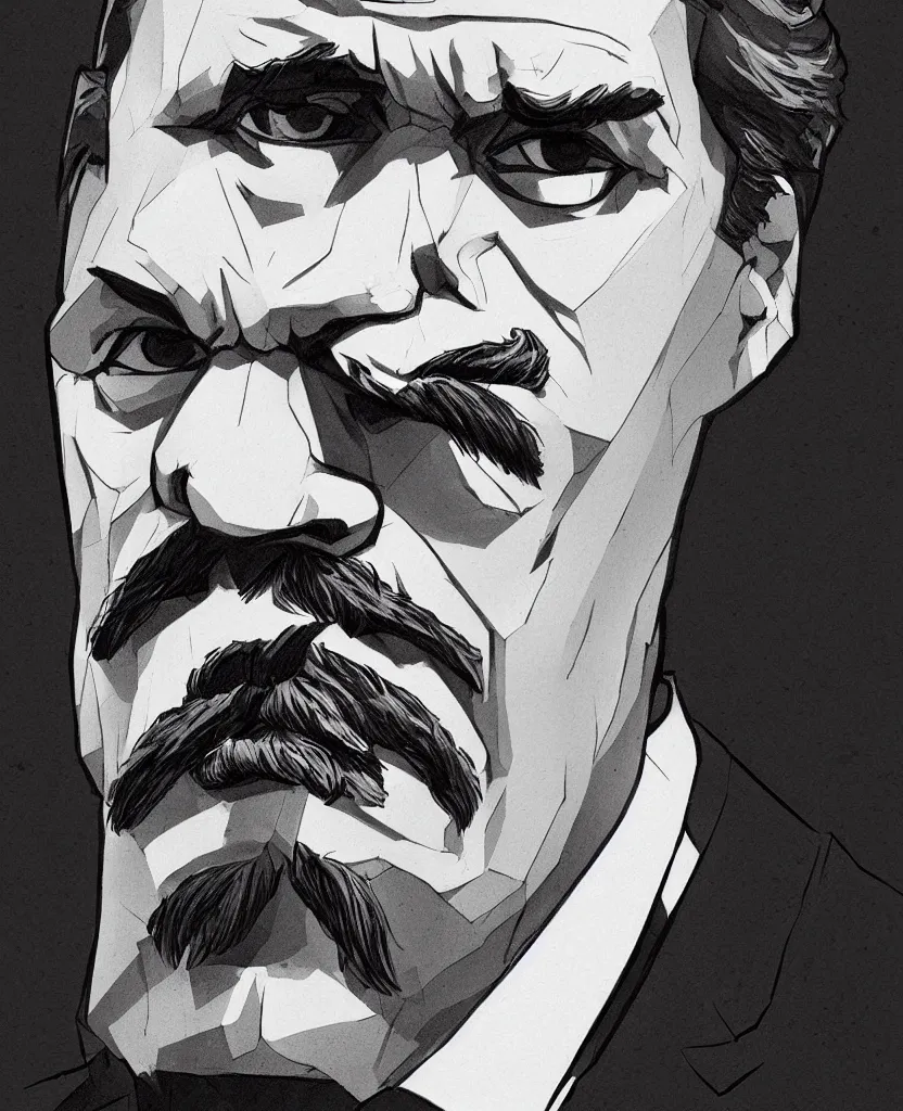 Prompt: Portrait of Friedrich Nietzsche in his Suit, chiseled Jawline and serious Look, in the Style of Artgerm and Ross Draws and Mike Mignola and Cory Loftis, vibrant colors, rim light, hard shadows, colorful, plain background, trending on artstation