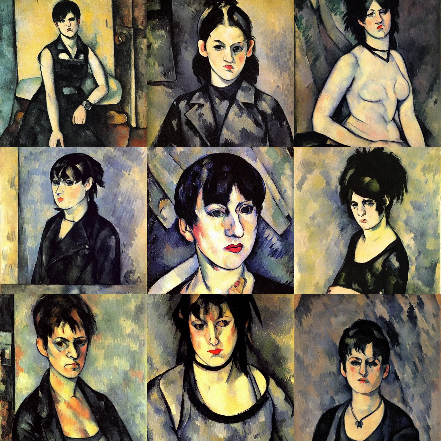 Prompt: an emo portrait painted by paul cezanne. her hair is dark brown and cut into a short, messy pixie cut. she has large entirely - black evil eyes. she is wearing a black tank top, a black leather jacket, a black knee - length skirt, a black choker, and black leather boots.