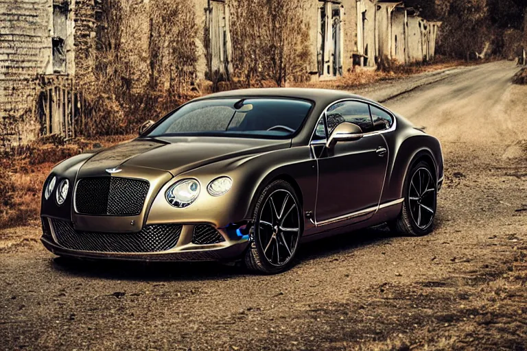 Image similar to modern rusty matte tired Bentley Continental GT without gloss no reflections drives along the road of an old Russian village with houses at the edges