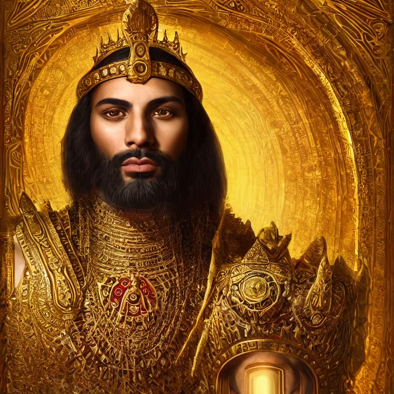 Image similar to highly detailed portrait of agharta ´ s king brightening on gold majestic in the entrance kingdom of agharta, land of advanced races, giant, hollow earth infographic, hiperrealistc, global illumination, radiant light, detailed and intricate environment, trending on artstation, art by oleg oprisco, 8 k