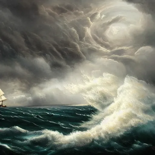 Image similar to sea storm, whirlpool!, epic painting, wooden ship, highly detailed, hd, deep colors, artstation, dark painting