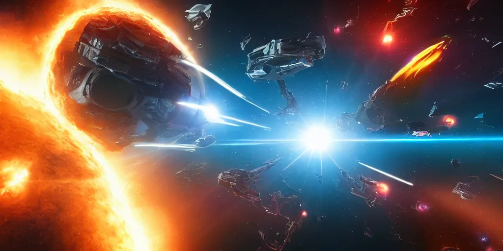 Prompt: space battle scene between gigantic space ships, cinematic scifi shot, laser fire, explosions, ultra realistic details, 8 k