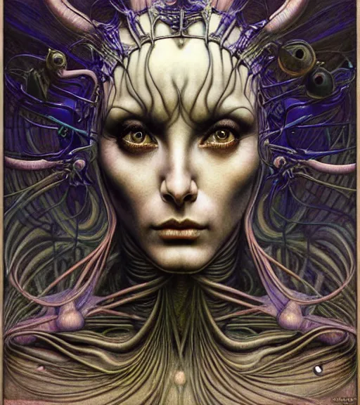 Prompt: detailed realistic beautiful young cher alien robot as queen of mars face portrait by jean delville, gustave dore and marco mazzoni, art nouveau, symbolist, visionary, gothic, pre - raphaelite. horizontal symmetry by zdzisław beksinski, iris van herpen, raymond swanland and alphonse mucha. highly detailed, hyper - real, beautiful