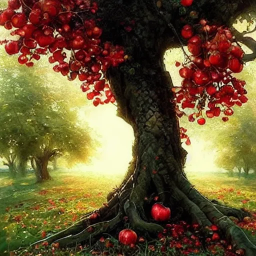 Prompt: a tree with many apples (((leaves))) !!!!!!!black apples, painted by rossdraws, greg rutkowski, thomas kindkade