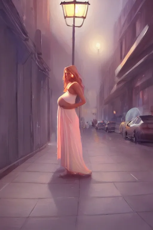 Prompt: pregnant woman under street light by Mandy Jurgens