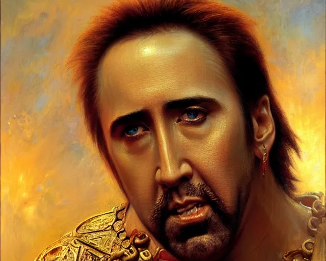 Image similar to attractive nicolas cage as a god. highly detailed painting by gaston bussiere, craig mullins, j. c. leyendecker 8 k