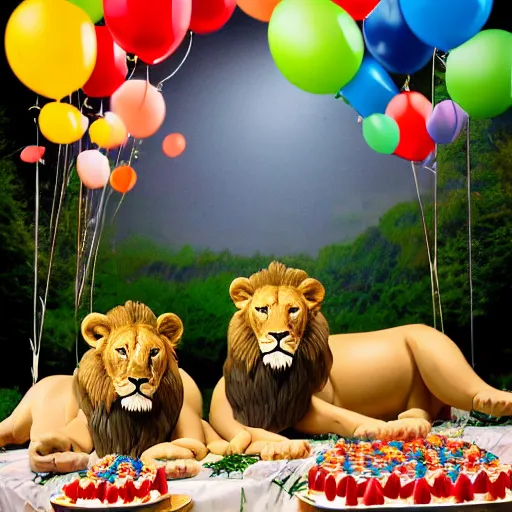 Image similar to award winning nature photography, a scenic picture of a birthday cake surrounded by lions. balloons are in the background. lion birthday party setting. extremely detailed lions. hyperrealistic, 8 k