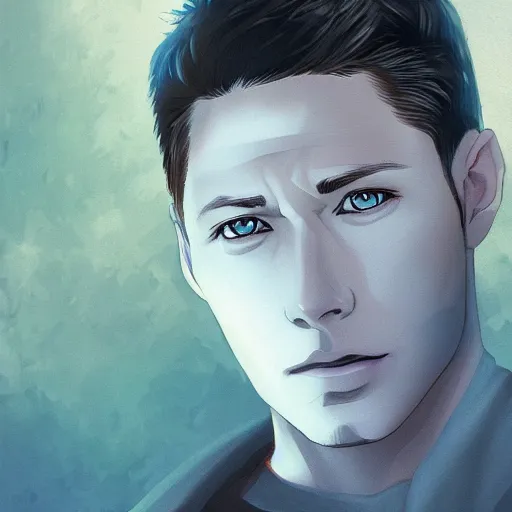 Prompt: Stunning portrait of handsome Jensen Ackles as an angel, studio ghibli style, artstation