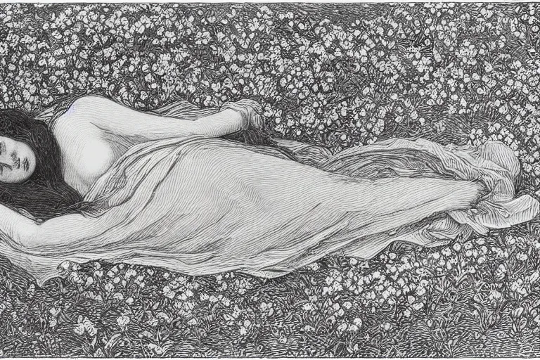 Image similar to black and white, young french woman sleeping in the flower field, top view, Gustave Dore lithography