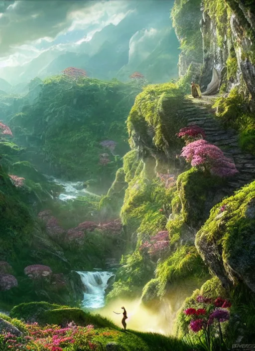 Prompt: an elegant fairy flying in the distance, in the lord of the rings scenery landscape, vast lush valley flowers and mushroom structures, stream, sunrise, god's rays highly detailed, vivid color, cinematic lighting, perfect composition, 8 k, gustave dore, derek zabrocki, greg rutkowski, belsinski, octane render