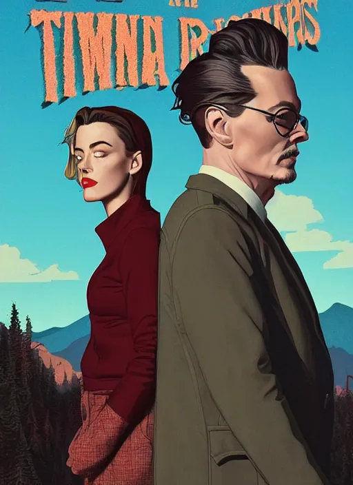 Prompt: Twin Peaks poster artwork by Michael Whelan and Tomer Hanuka, Rendering of portrait of Johnny Depp and Amber Heard solving mysteries together in scene from Twin Peaks, full of details, by Makoto Shinkai and thomas kinkade, Matte painting, trending on artstation and unreal engine