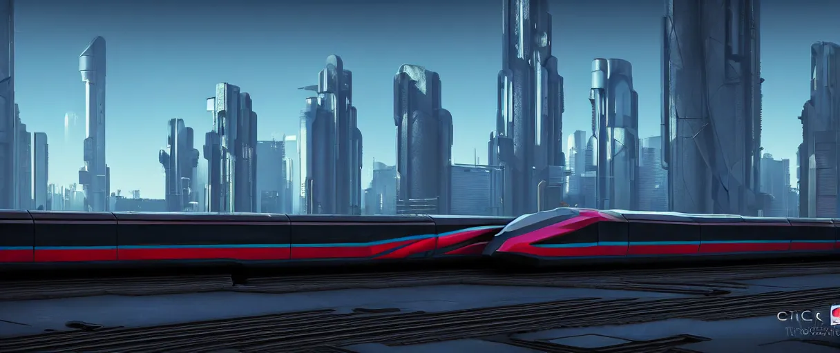 Prompt: futuristic city center with 890J maglev train in background, modern landscape architectural design for brutalist industrialpunk black concrete and glass, train with maroon, white and teal metallic accents, gorgeous lighting, golden hour, cyberpunk, 2077, dramatic lighting and composition, photography, 8k, origin 100i, star citizen concept art, single line, golden ratio, minimalistic composition, side profile