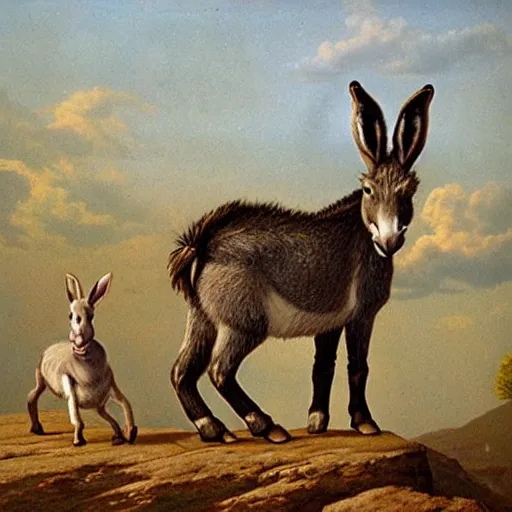 Prompt: a donkey and a hare, wolking on the stairs