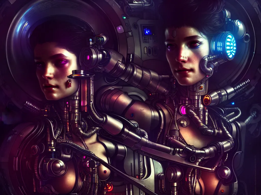 Image similar to ultra realistic, beautiful female cyborg in a crowded smoky cyberpunk club in space megalopolis, sci-fi, intricate details, eerie, highly detailed, octane render, 8k, art by artgerm and alphonse mucha and greg rutkowski