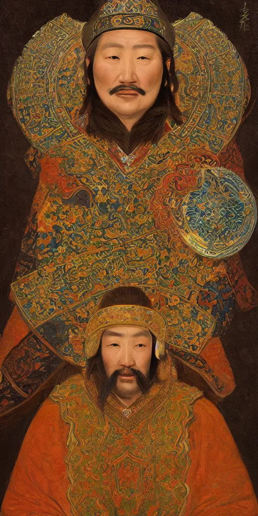 Image similar to a stunning and noble highly detailed romantic period style portrait of Genghis Khan by Josep Tapiró Baró, trending on artstation, oil painting masterpiece, symmetry, fractals, Mongolian iconography