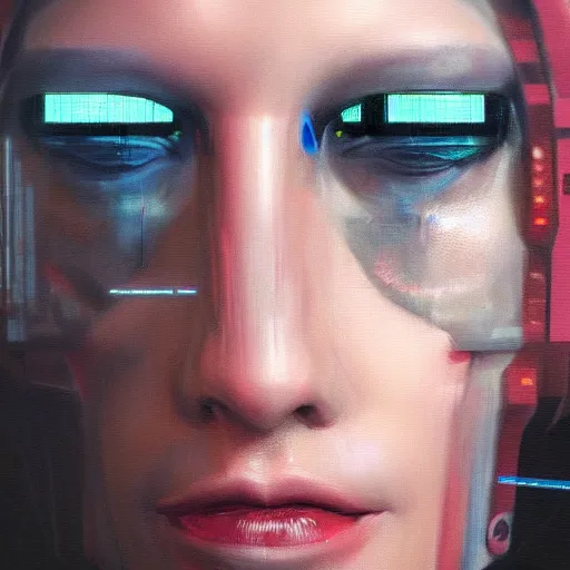 Image similar to cyberpunk cyborg fashion model portrait, hyperrealism oil painting, artstation