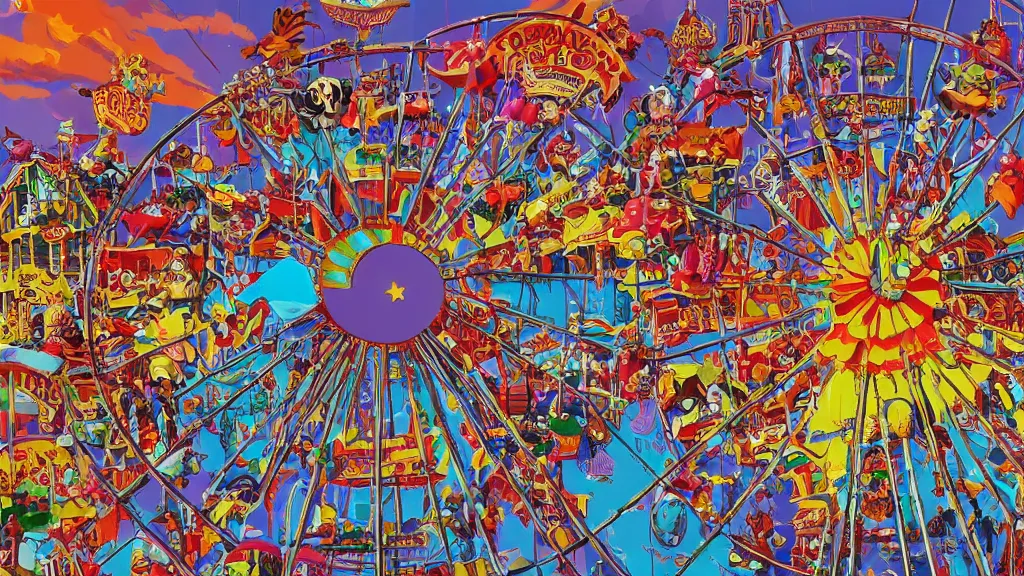 Prompt: carnival town, the horror carnival drawn in the style of a children's book. ferris wheel, circus tent, and carousel. disney style. cutesy, fun, and bright. color harmony, 8 k detail, gallery quality, hd wallpaper, premium prints available, hyper - detailed, intricate design.