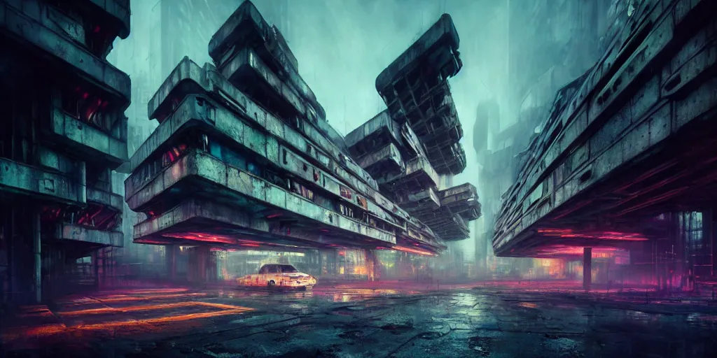 Image similar to concept art, octane render, a brooding, decrepit dystopian city, reflections, volumetric neon lighting, dramatic, white neon glow, 8 k, ultra - hd, insanely detailed and intricate, hypermaximalist, brutalist habitat 6 7, elegant, ornate, by gerald brom, by syd mead, akihiko yoshida, doug chiang, cinematic