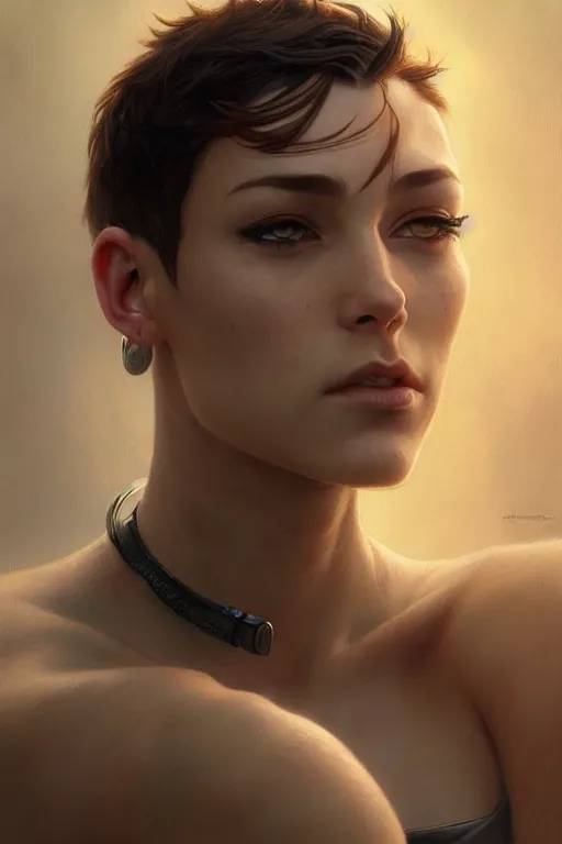 Image similar to photorealistic portrait of a young butch cyborg woman, handsome, female, masculine, upper body, fantasy, fierce, sharp features, intricate, elegant, highly detailed, digital painting, artstation, concept art, matte, sharp focus, illustration, art by artgerm and greg rutkowski and alphonse mucha