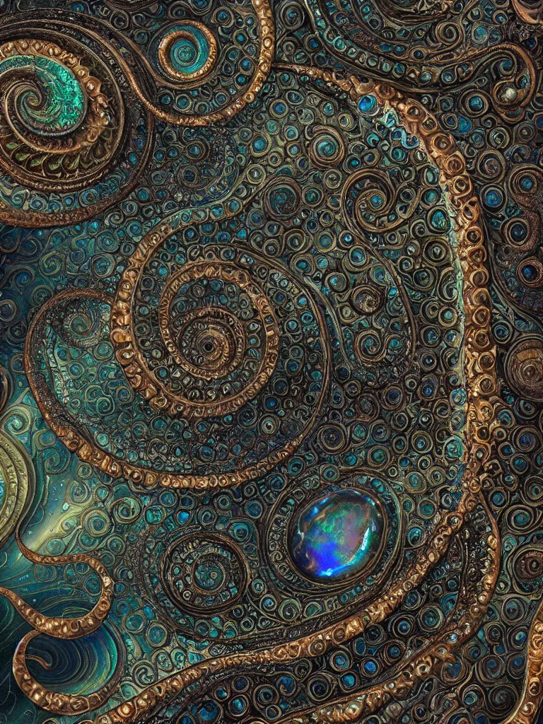 Image similar to art nouveau cresting oil slick waves, ammonite, hyperdetailed bubbles in a shiny iridescent oil slick wave, black opals, ornate copper patina spiral ornament, rococo, organic rippling spirals, hyperdetailed photorealistic ultrasharp octane render