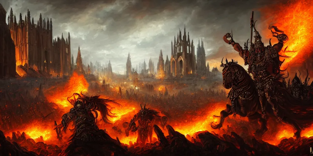 Image similar to highly detailed portrait painting of an ancient gods on hell horses war battle, abbey warhammer battle, old abbey in the background, character in the foreground, cathedrals, giant columns, arcane magic explosions by liang xing, 8 k resolution