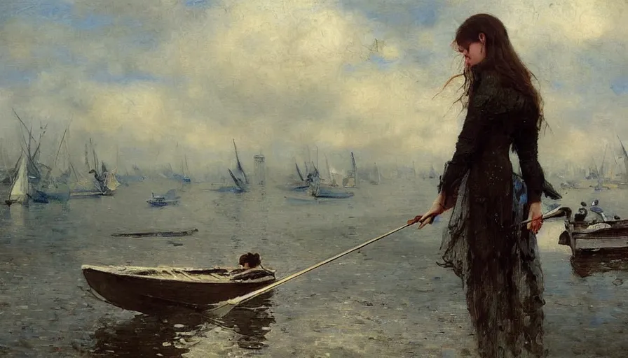 Prompt: angel alone playing on a violin near the shore, boats in the background, foggy morning, clouds in the sky, russian oil painting, serov, surikov, vasnetsov, repin, kramskoi, paint texture, uplight, insanely detailed and intricate, high resolution, Charlie Bowater, Tom Bagshaw, Norman Rockwell, octane rendered, unreal engine, illustration, trending on artstation, masterpiece, 8k