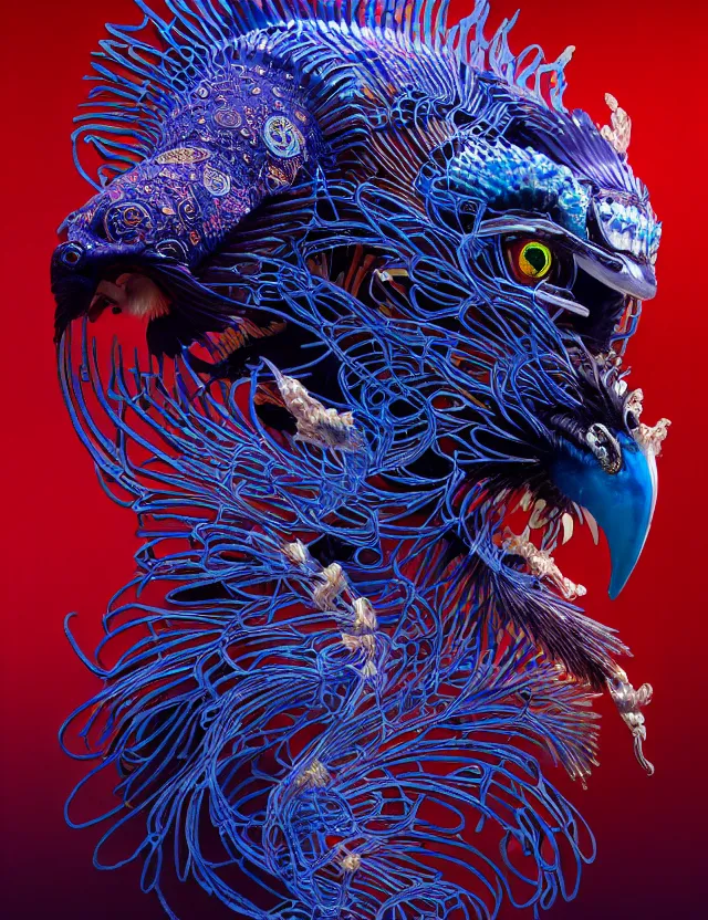 Prompt: 3 d shaman close - up profile portrait. beautiful intricately detailed japanese crow kitsune mask and clasical japanese kimono. betta fish, jellyfish phoenix, bio luminescent, plasma, ice, water, wind, creature, artwork by tooth wu and wlop and beeple and greg rutkowski