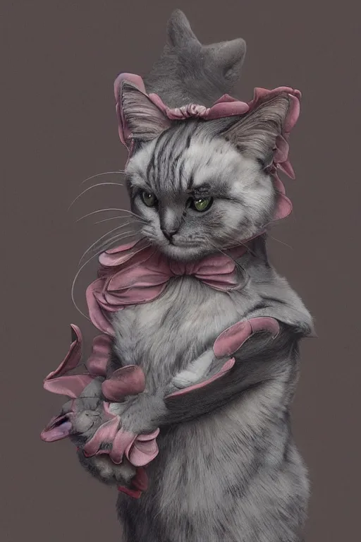 Image similar to a cat in a fancy dress, art by James Jean and Wayne Barlowe, high detail, cinematic, cgsociety 8k