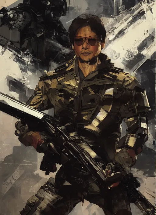 Image similar to BongBong Marcos wearing metal gear armor holding a shotgun dramatic lighting art by Yoji Shinkawa by Richard Schmid by greg rutkowski by Sandra Chevrier by Jeremy Lipking cinematic dramatic