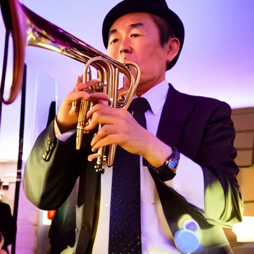 Image similar to middle aged japanese man in a suit and tie playing the trumpet in a ska band