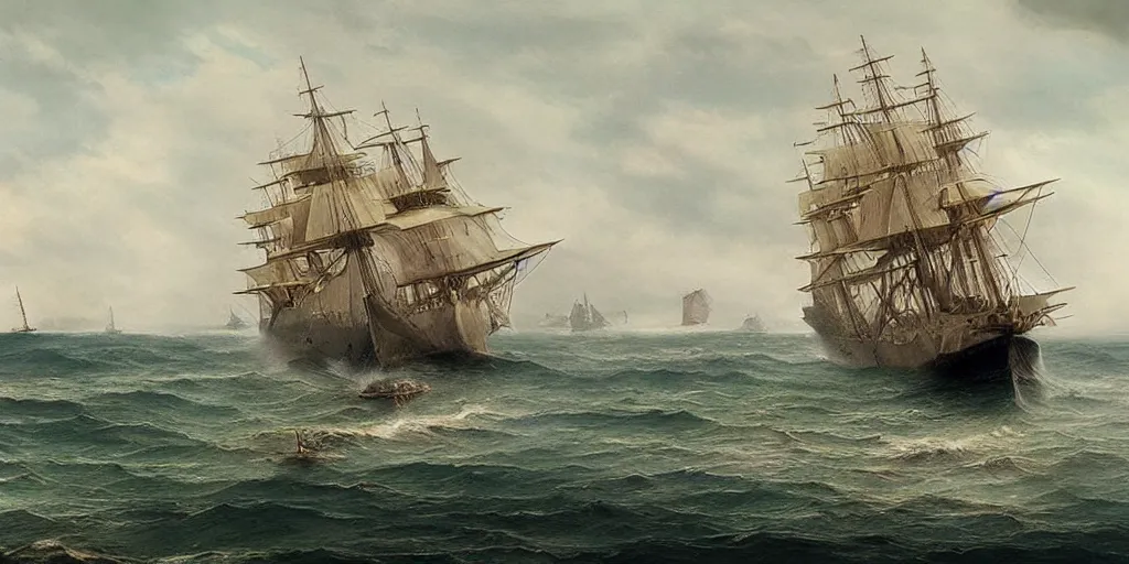 Image similar to a beautiful matte painting, an ancient large sailing ship sailing on the sea