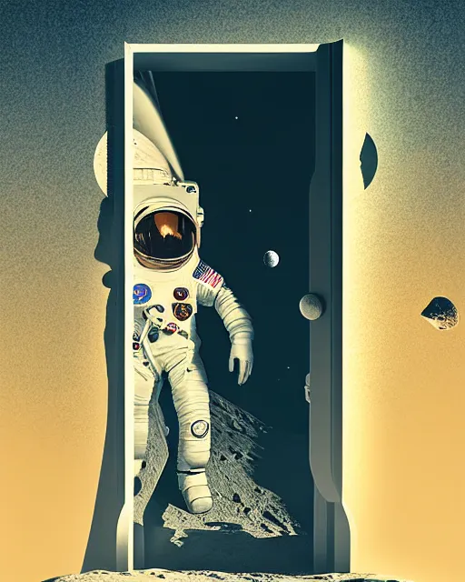 Image similar to a person standing in front of an open door that's on the moon, poster art by mike winkelmann, trending on cg society, space art, sci - fi, ue 5, futuristic, volumetric lighting