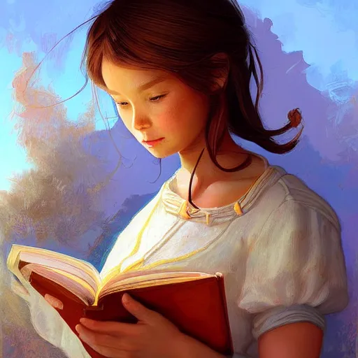 Prompt: village girl reading a book, highly detailed, digital painting, artstation, concept art, illustration, art by artgerm and Johfra Bosschart