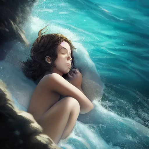 Image similar to a girl sleeping in the ocean, an epic fantasy, dramatic lighting, cinematic, establishing shot, extremely high detail, photorealistic, cinematic lighting, concept art, hdri, 4k -