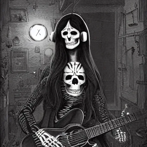 Image similar to skeleton wearing headphones, watching girl playing guitar while her black cat standing next to her, detailed intricate ink illustration, dark atmosphere, detailed illustration, hd, 4k, digital art, overdetailed art, by greg rutkowski, by loish, complementing colors, Trending on artstation