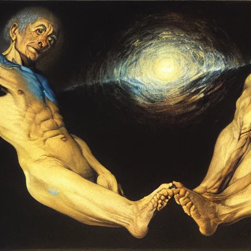 Image similar to the creation of the human race from the cosmos, detailed oil painting by goya and beksinsky and alan lee