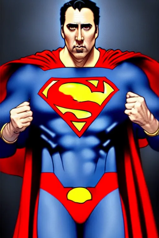 Image similar to nicholas cage as superman, art by artgerm and greg rutkowski and alphonse mucha