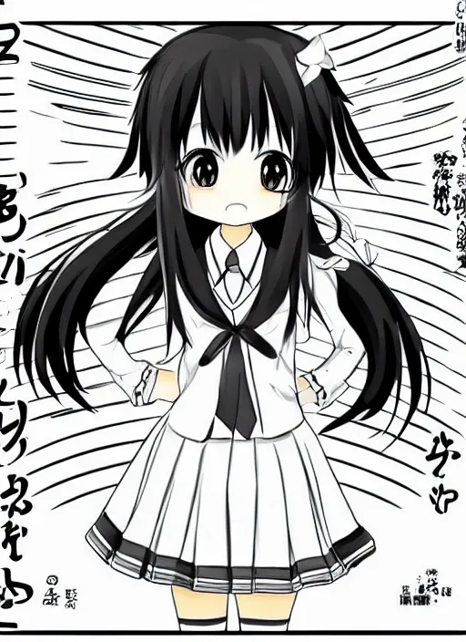 Prompt: manga style, black and white manga, multi - panel kawaii chibi manga, school girl kuudere, by gen urobuchi and yuyuko takemiya, japanese language, aharen - san