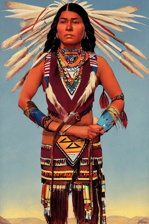 Prompt: full body portrait of young native american woman standing triumphant, cultural clothing, norman rockwell, logan maxwell, tom lovell, jack kirby, ryan pancoast, artstation character