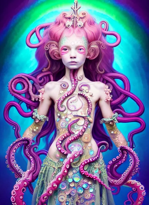 Image similar to A full body shot of a cute young magical girl wearing an ornate dress made of opals and tentacles. Monster GIrl. Subsurface Scattering. Dynamic Pose. Translucent Skin. Rainbow palette. defined facial features, symmetrical facial features. Opalescent surface. Soft Lighting. beautiful lighting. By Giger and Ruan Jia and Artgerm and WLOP and William-Adolphe Bouguereau. Photo real. Hyper-real. Photorealism. Fantasy Illustration. Sailor Moon hair. Masterpiece. trending on artstation, featured on pixiv, award winning, cinematic composition, dramatic pose, sharp, details, Hyper-detailed, HD, HDR, 4K, 8K.