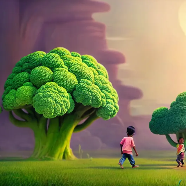 Image similar to epic professional kids book art of an East Indian toddler boy walking beside a giant anthropomorphic friendly broccoli, best on artstation, cgsociety, wlop, Behance, pixiv, astonishing, impressive, outstanding, epic, cinematic, stunning, gorgeous, breathtaking kids comic style art, masterpiece.
