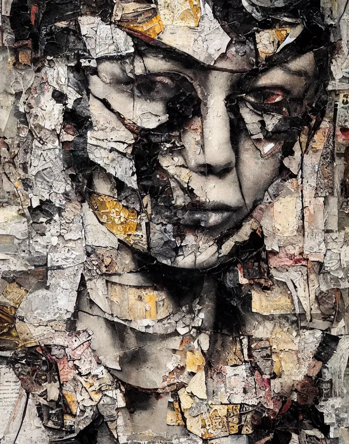 Prompt: embrace the melancholy detailed analogue mixed media collage with canvas texture in style of contemporary art, punk art, hyperrealistic beautiful face, photorealistic, expressionism, masterpiece, perfect composition, spectacular quality torn paper, intricate oil details, broken glass