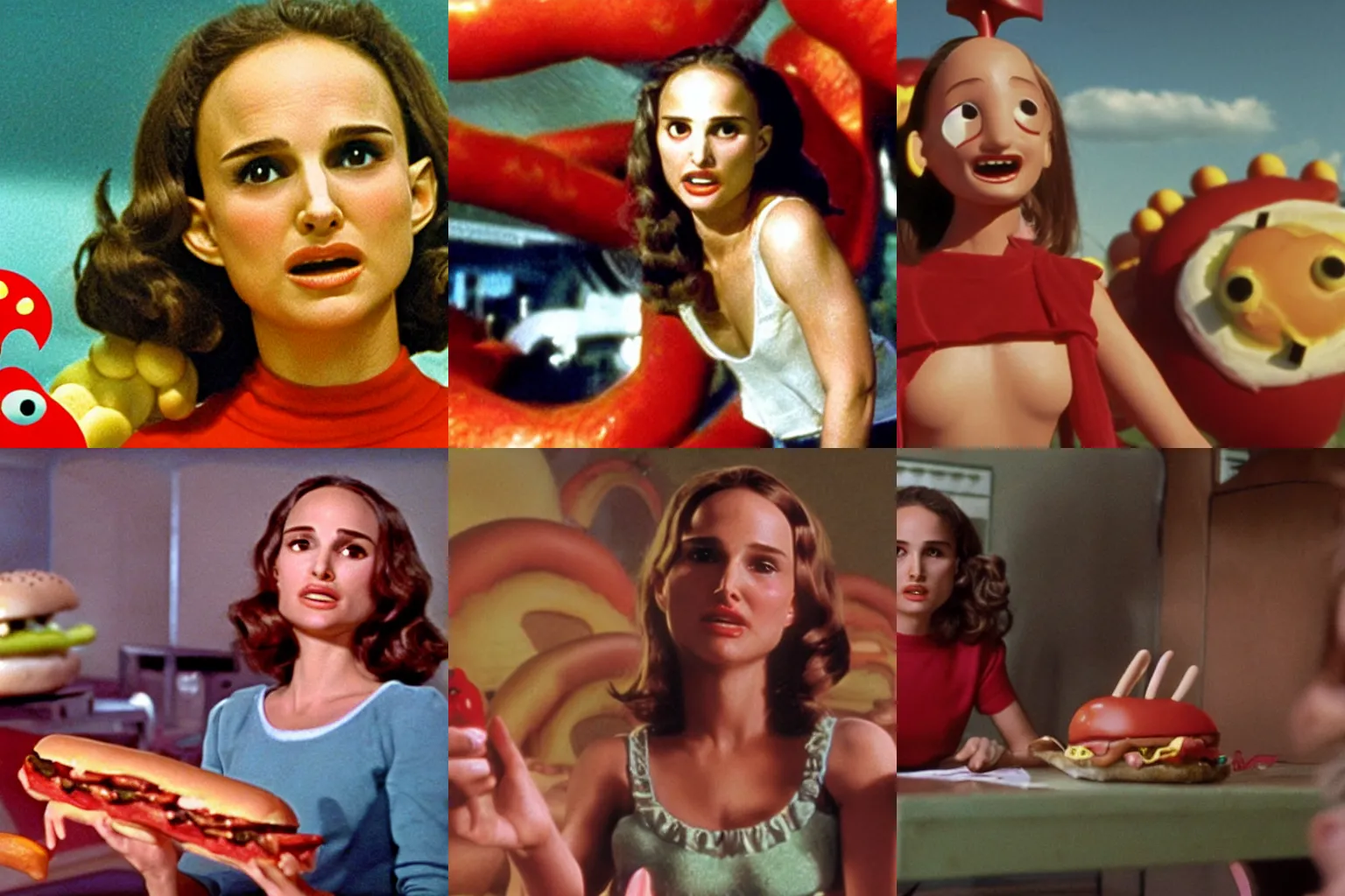 Prompt: Color movie still of Natalie Portman in 'Hot Dog monster vs Hamburger monster' by Ray Harryhausen