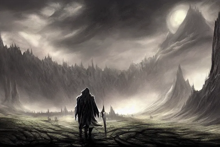 Image similar to concept art mood painting environment painting man walking towards minas morgul ominous dark spectral fortress lord of the rings. style of, ryan church, jon mccoy, george hull, painting