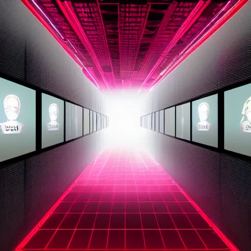 Image similar to evil server room, screen with ai face on it, dark, red lighting