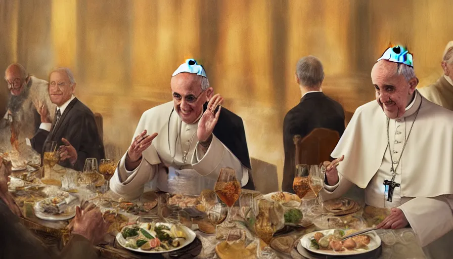 Prompt: the pope at a shabbat dinner, hyperdetailed, artstation, cgsociety, 8 k