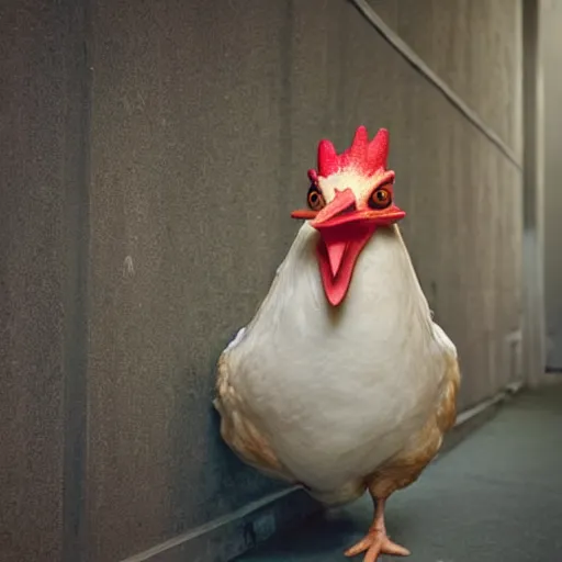 Prompt: man dressed as a chicken hiding behind a corner, trending artstation, award winning photo