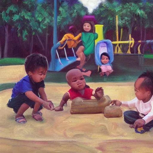 Image similar to an ethnically diverse group of toddlers. white. asian. hispanic. african. playing on a playground. oil on canvas exquisite. smooth. sharp focus. award winning. 8 k