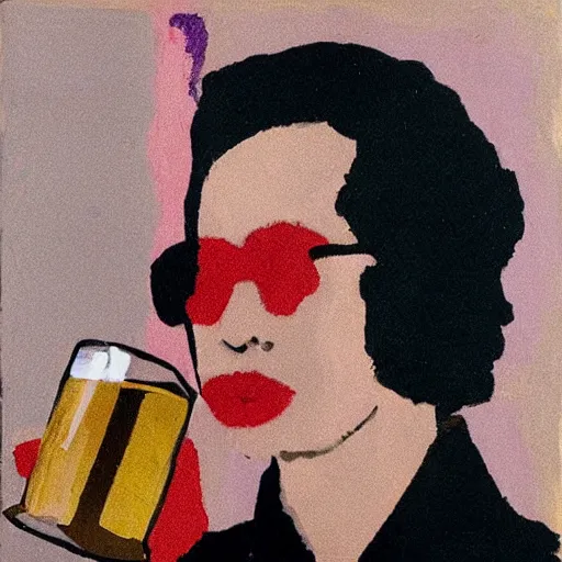 Prompt: queen of england shotgunning a beer, in the style of rothko,