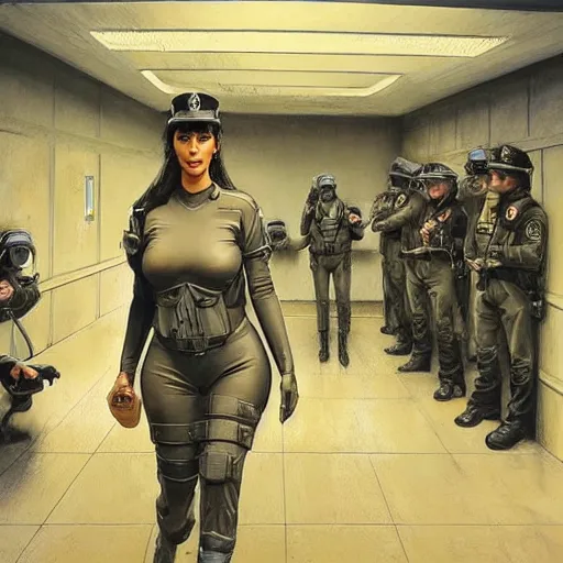 Image similar to kim kardashian as a cop, police uniform, full body view, full pov, haunted house interior, pretty, aesthetic, dust molecules, matte detailed photo, DeviantArt, Artstation, by donato giancola, ralph horley, loish, cinematic lighting